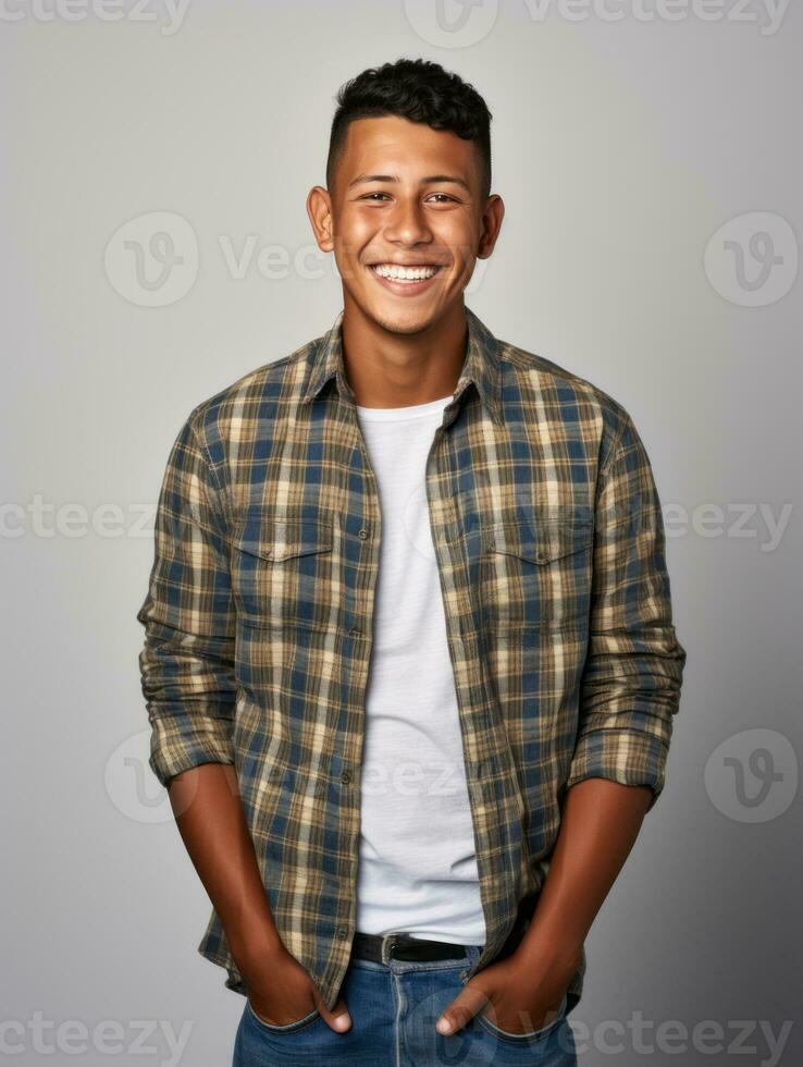 Smiling young man of Mexican descent against neutral background AI Generative photo