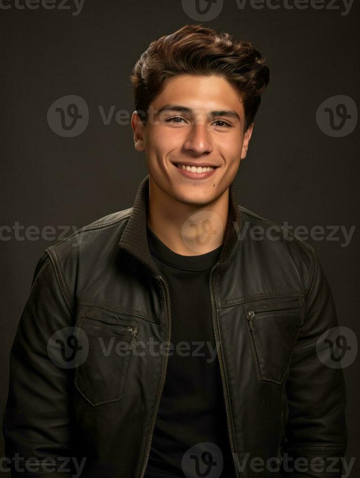 Smiling young man of Mexican descent against neutral background AI Generative photo
