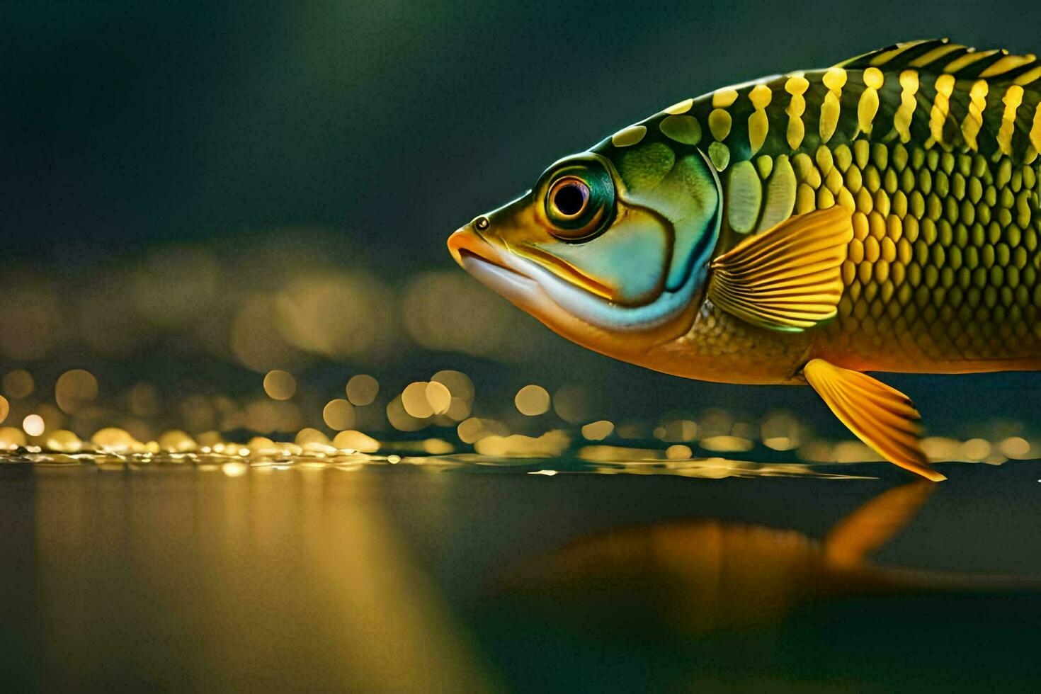a fish is standing on the water with a gold background. AI-Generated photo