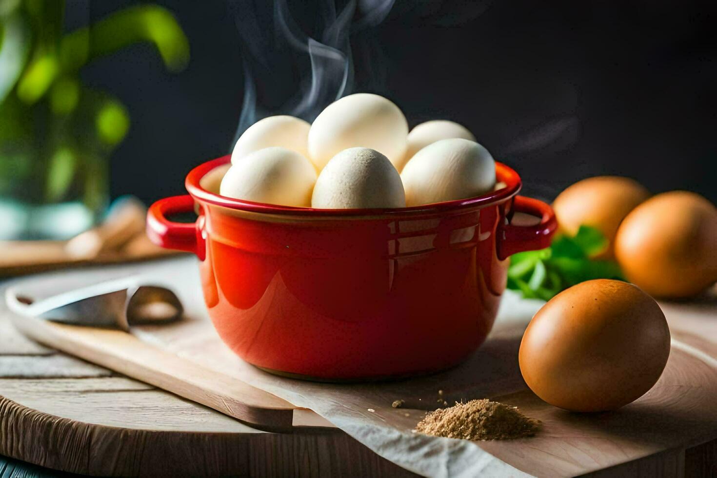 eggs in a red pot on a cutting board. AI-Generated photo