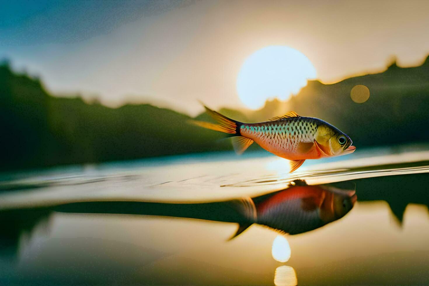 a fish is reflected in the water at sunset. AI-Generated photo