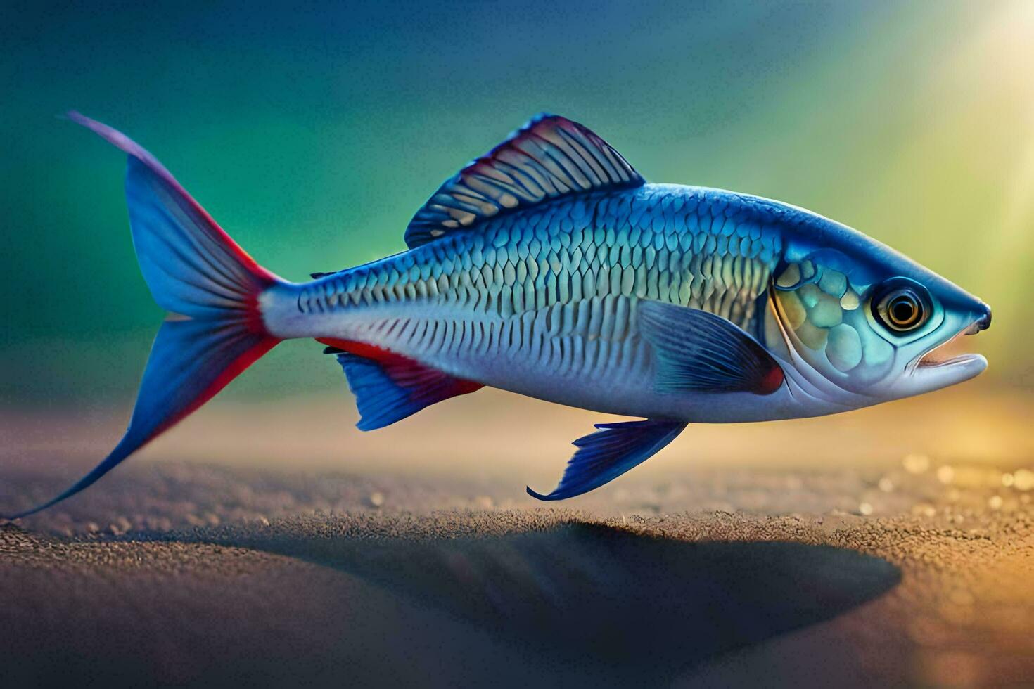 a fish with blue and red fins on the beach. AI-Generated photo