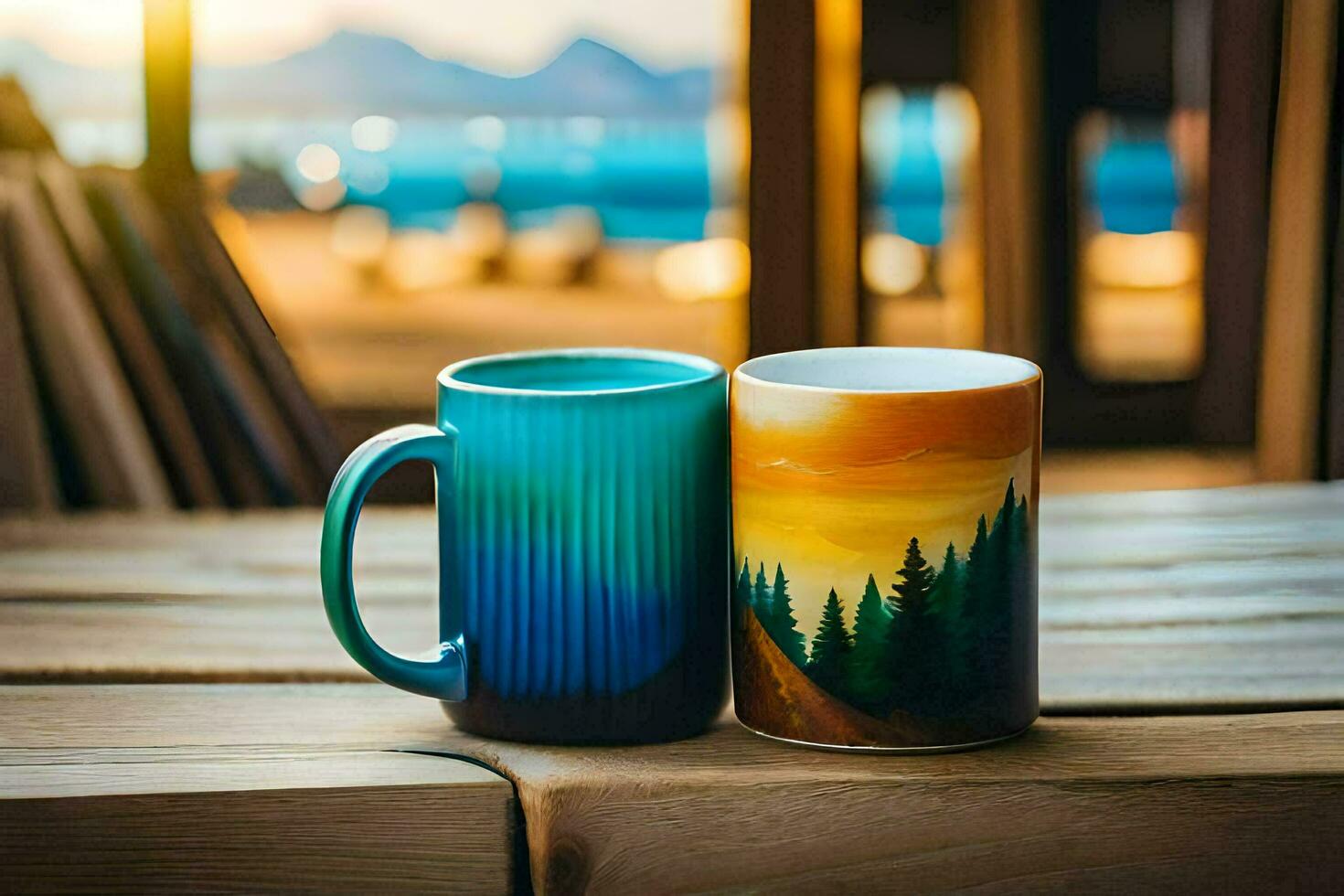dos café tazas con un montaña vista. generado por ai foto