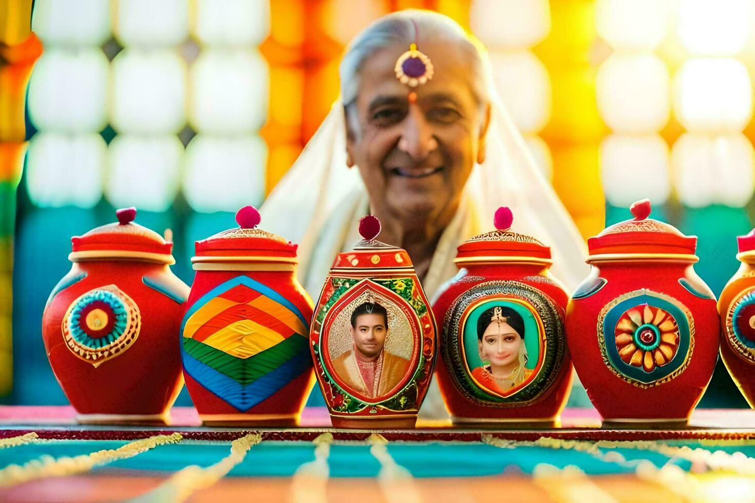 an elderly woman sits in front of colorful pots. AI-Generated photo