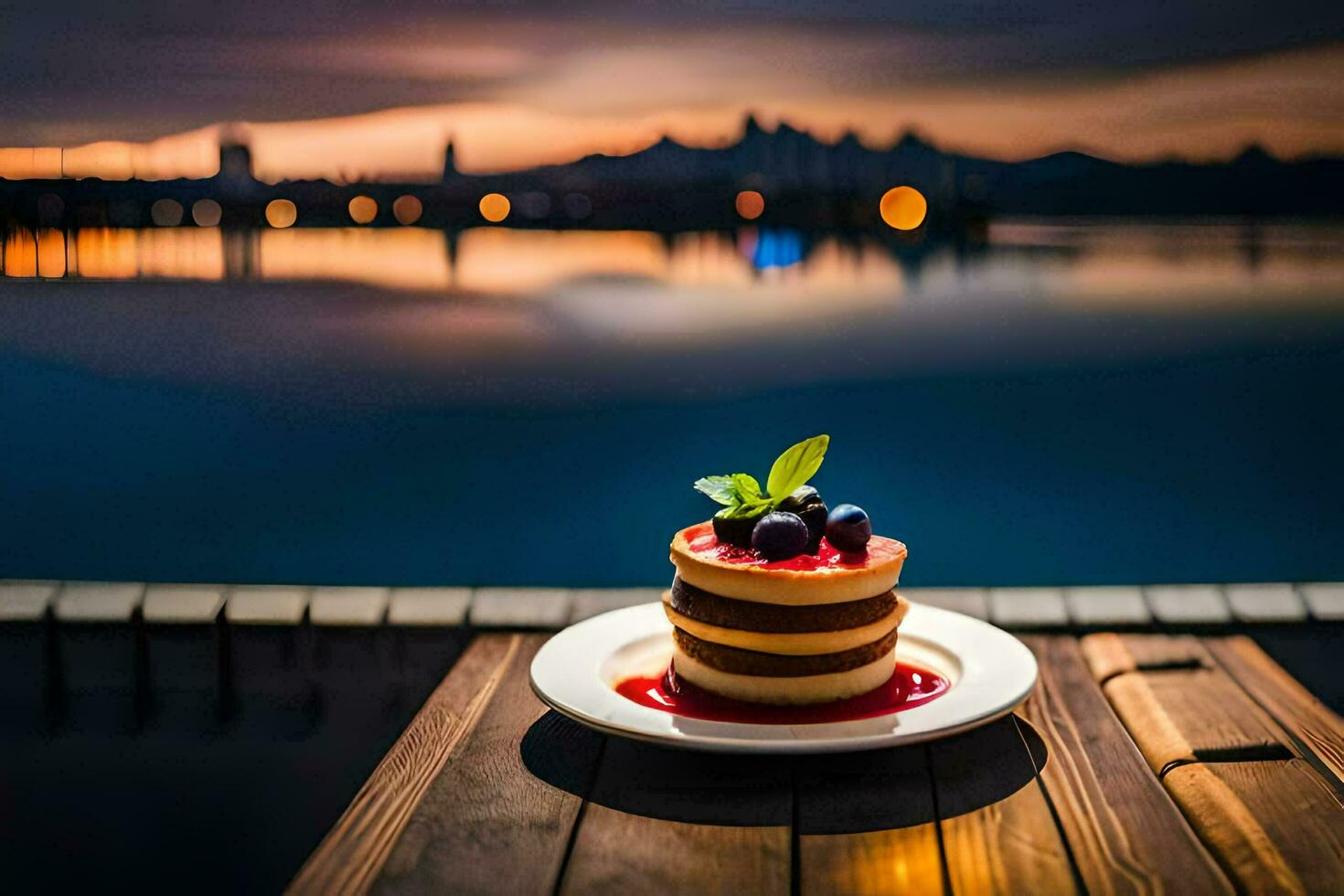 a dessert on a plate with a view of the city. AI-Generated photo