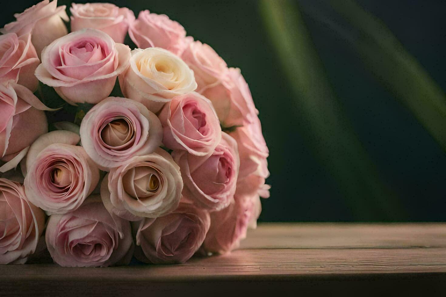 a bouquet of pink roses sitting on a table. AI-Generated photo