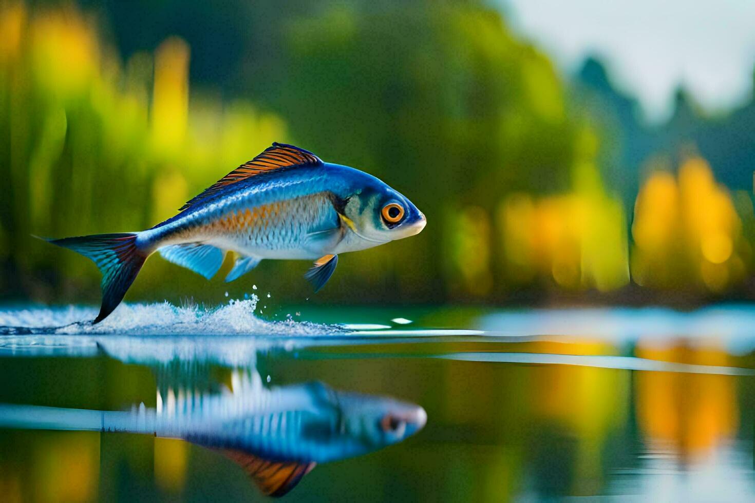 un pescado es saltando fuera de el agua. generado por ai foto