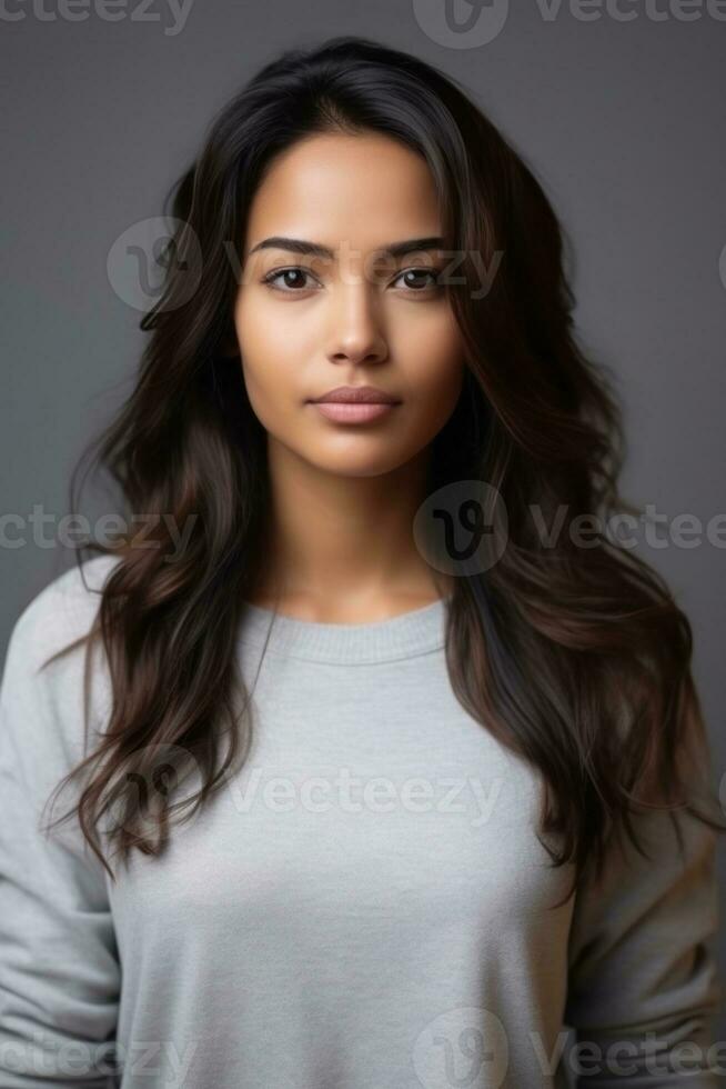 Smiling young woman of Indian descent against neutral background AI Generative photo
