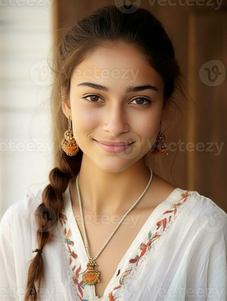 Smiling young woman of Indian descent against neutral background AI Generative photo