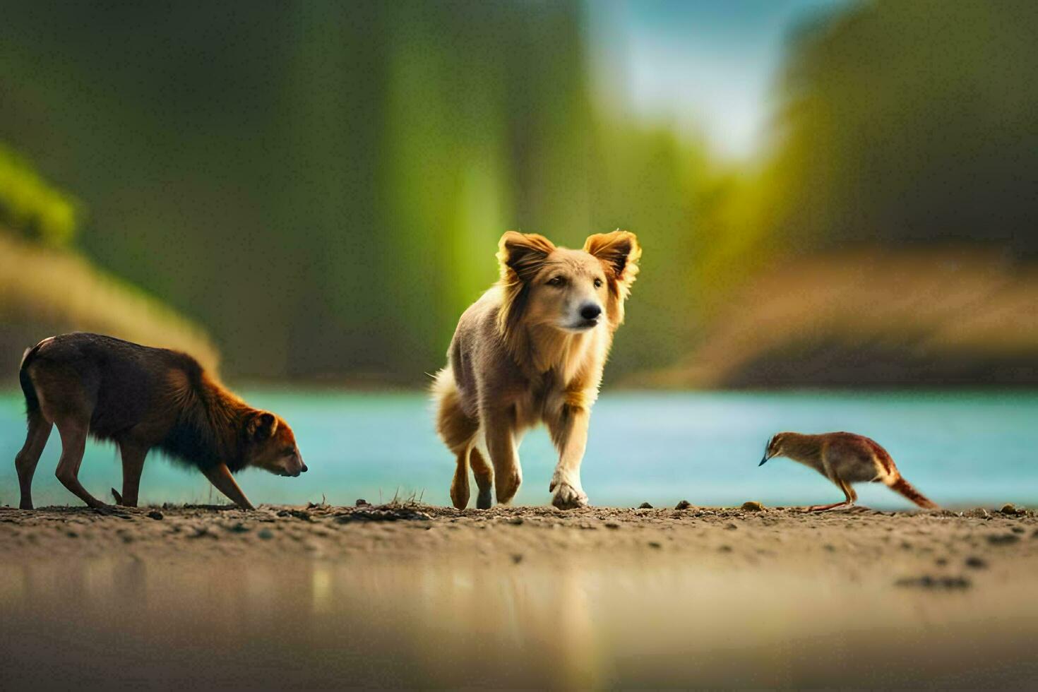 two dogs and a fox walking along the shore. AI-Generated photo