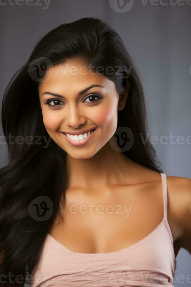 Smiling young woman of Indian descent against neutral background AI Generative photo