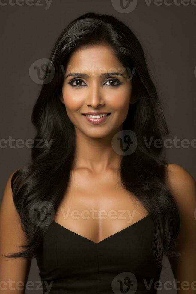 Smiling young woman of Indian descent against neutral background AI Generative photo