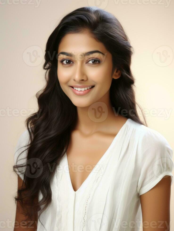 Smiling young woman of Indian descent against neutral background AI Generative photo