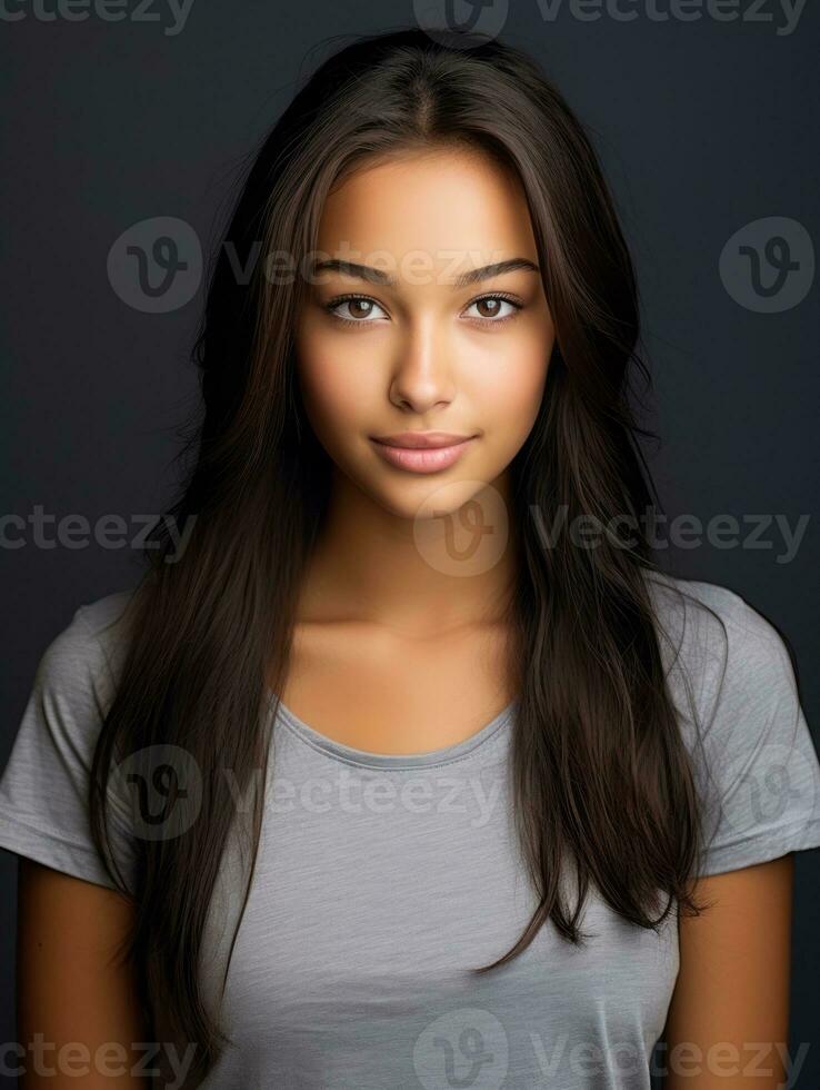 Smiling young woman of Indian descent against neutral background AI Generative photo