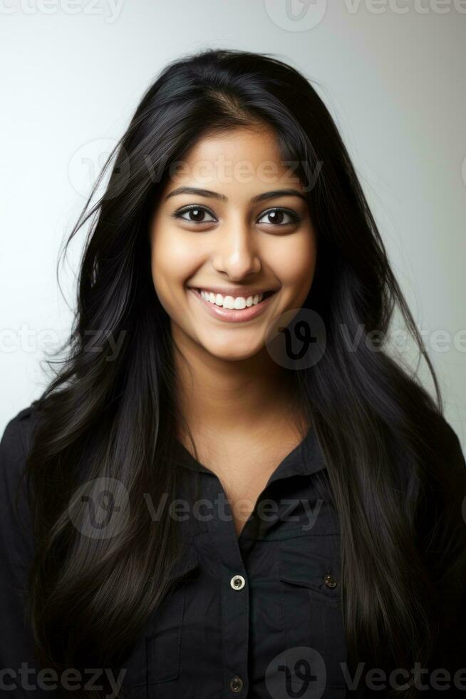 Smiling young woman of Indian descent against neutral background AI Generative photo