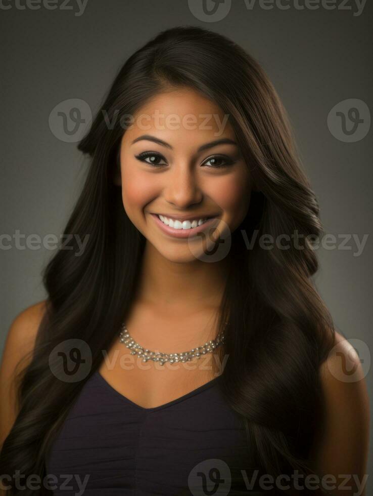 Smiling young woman of Indian descent against neutral background AI Generative photo