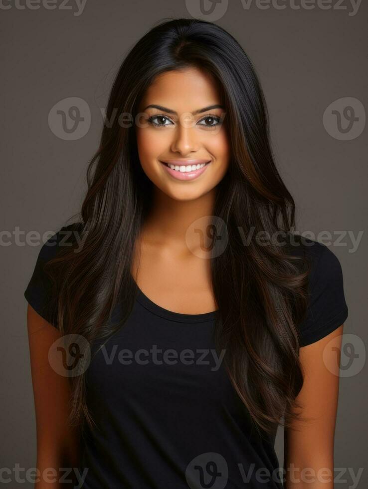 Smiling young woman of Indian descent against neutral background AI Generative photo
