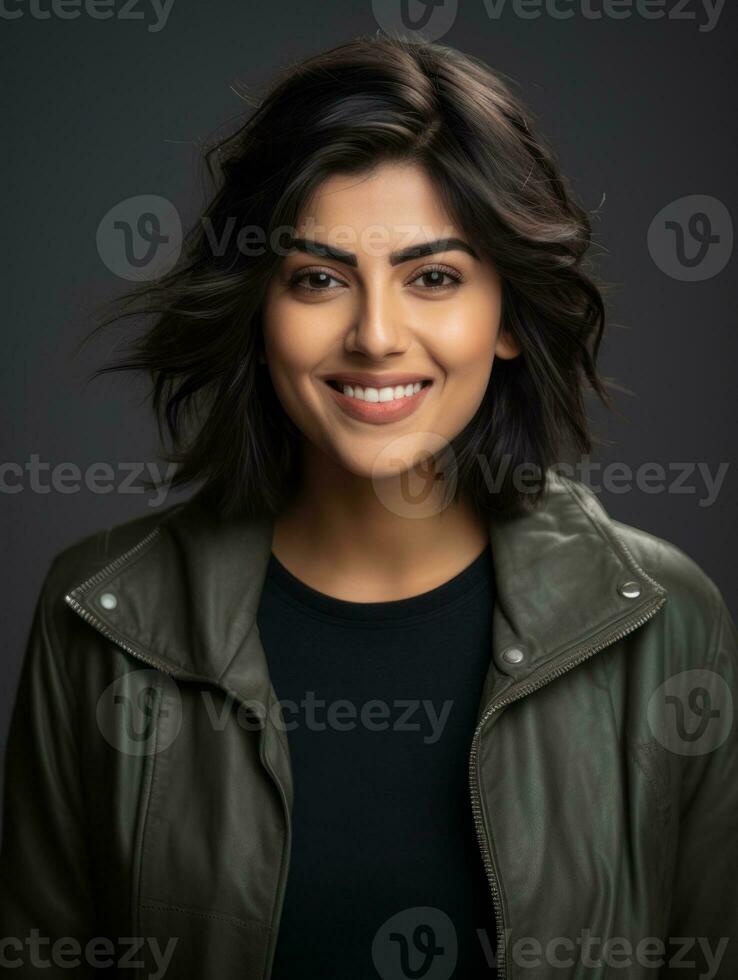 Smiling young woman of Indian descent against neutral background AI Generative photo