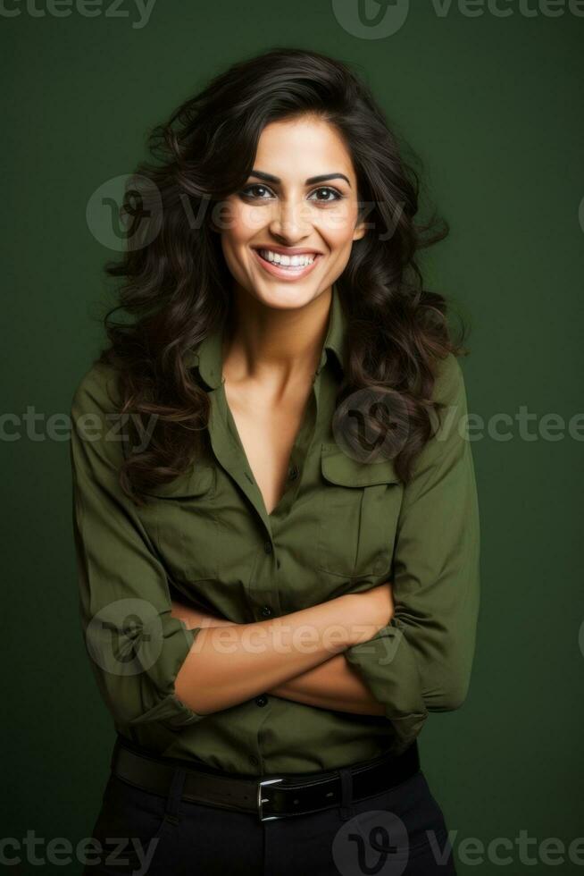 Smiling young woman of Indian descent against neutral background AI Generative photo