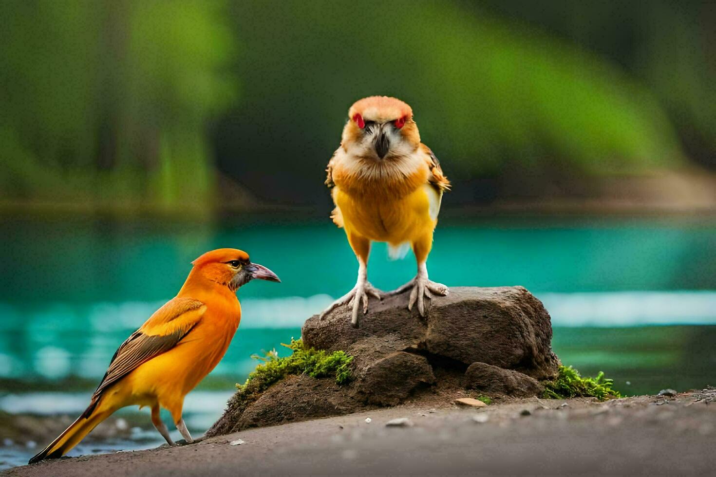 two orange birds standing on a rock near a lake. AI-Generated photo