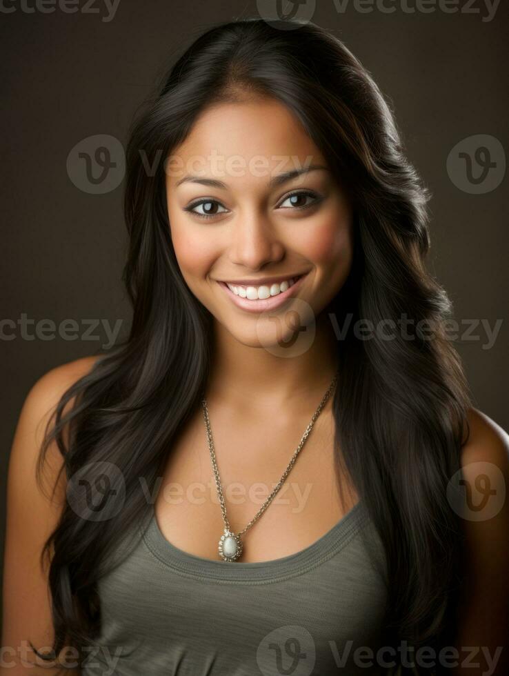 Smiling young woman of Indian descent against neutral background AI Generative photo