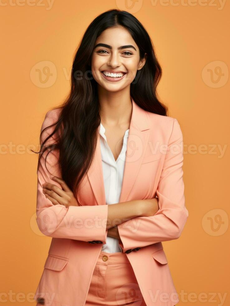 sonriente joven mujer de indio descendencia en contra neutral antecedentes ai generativo foto