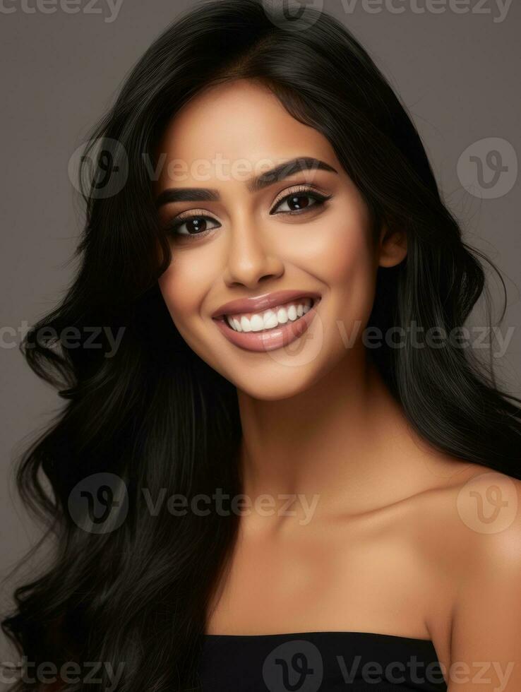 Smiling young woman of Indian descent against neutral background AI Generative photo