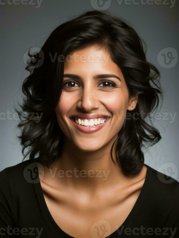 Smiling young woman of Indian descent against neutral background AI Generative photo
