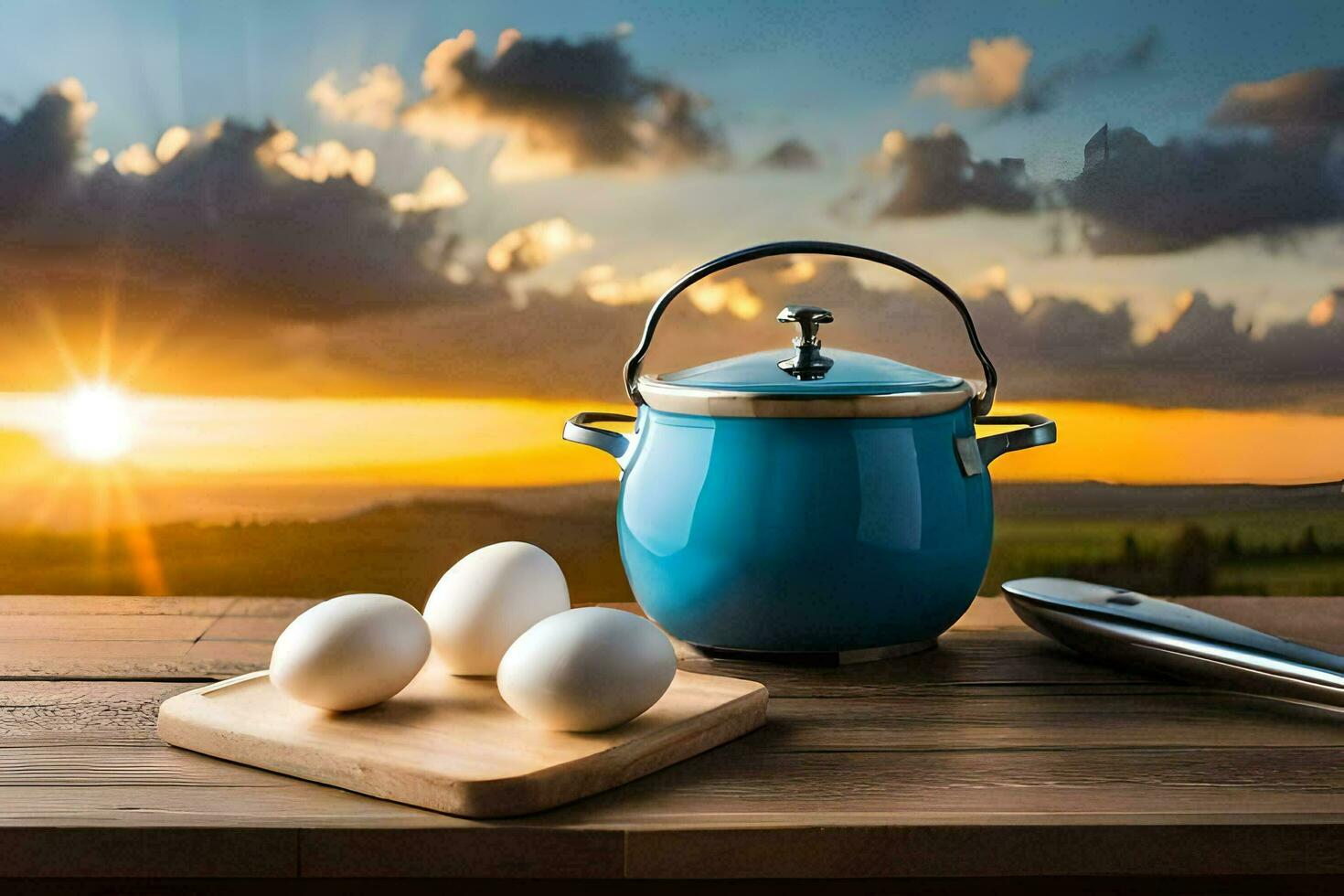 cooking eggs in a pot on a table with a pan and a knife. AI-Generated photo