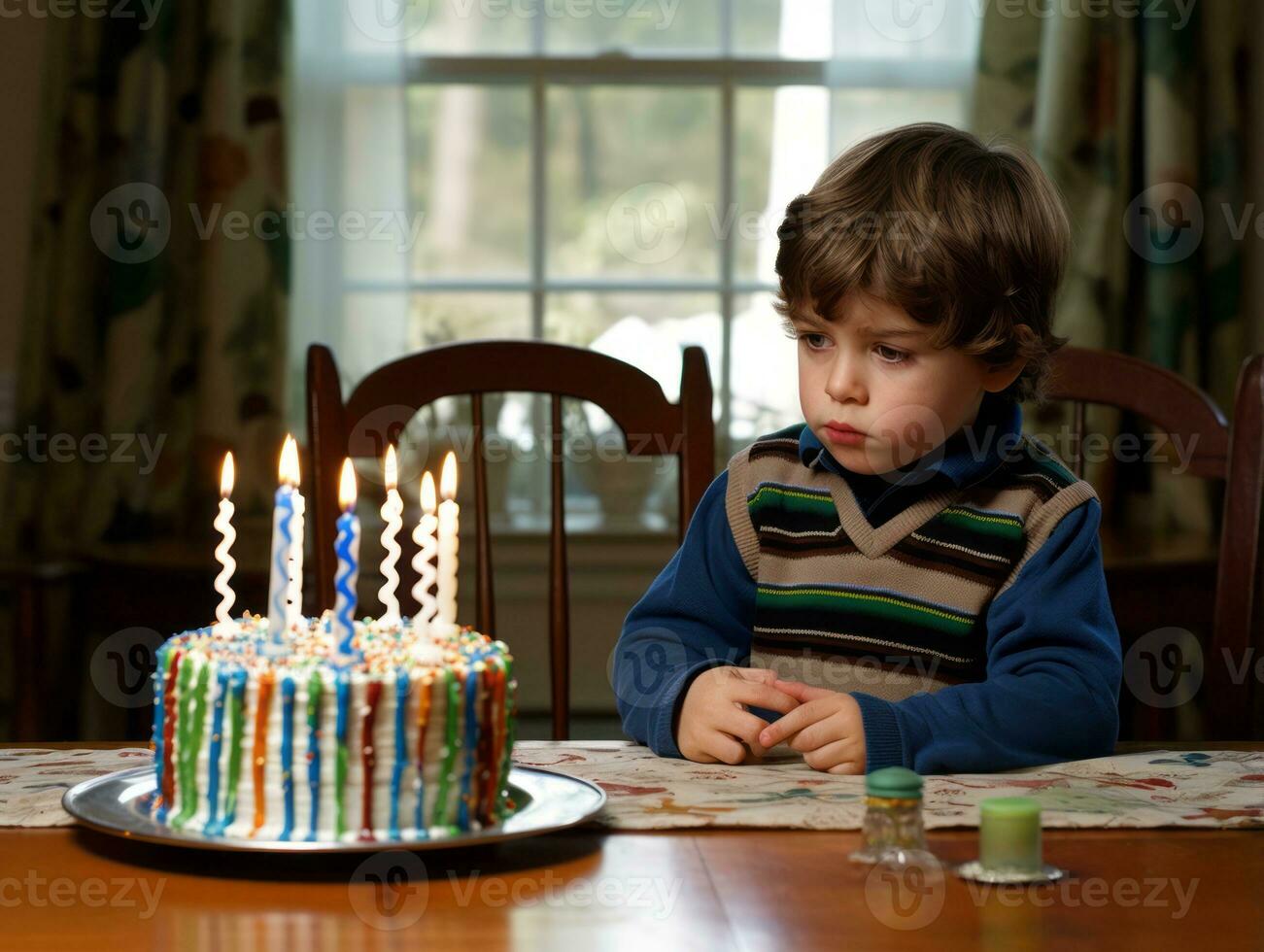 Child blowing out the candles on their birthday cake AI Generative photo