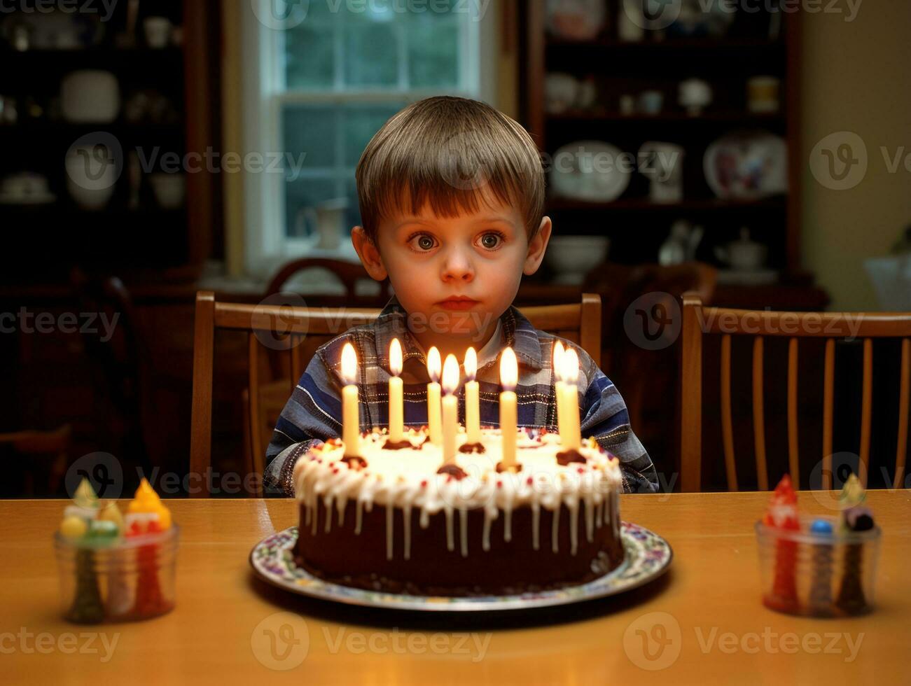 Child blowing out the candles on their birthday cake AI Generative photo