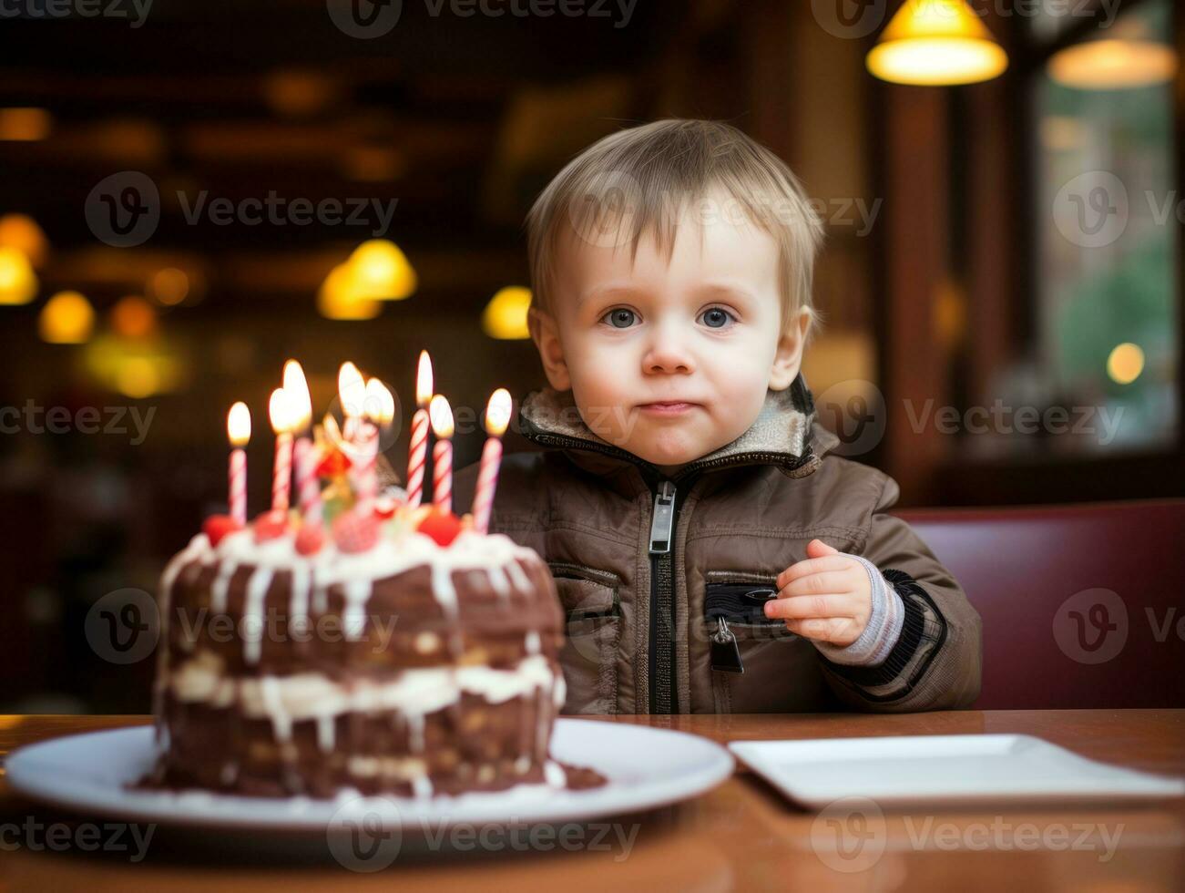 Child blowing out the candles on their birthday cake AI Generative photo