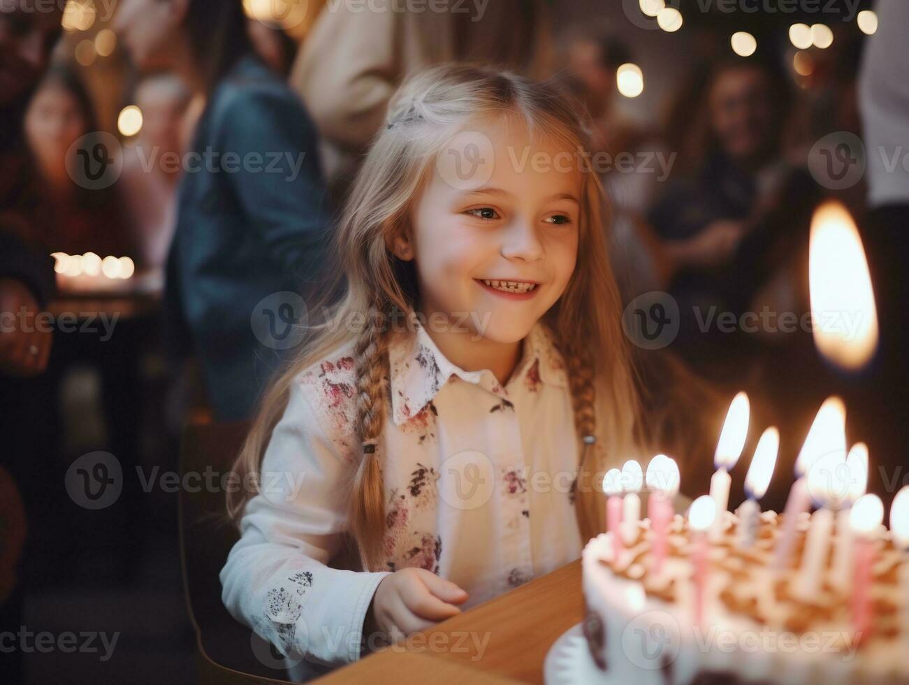 Child blowing out the candles on their birthday cake AI Generative photo