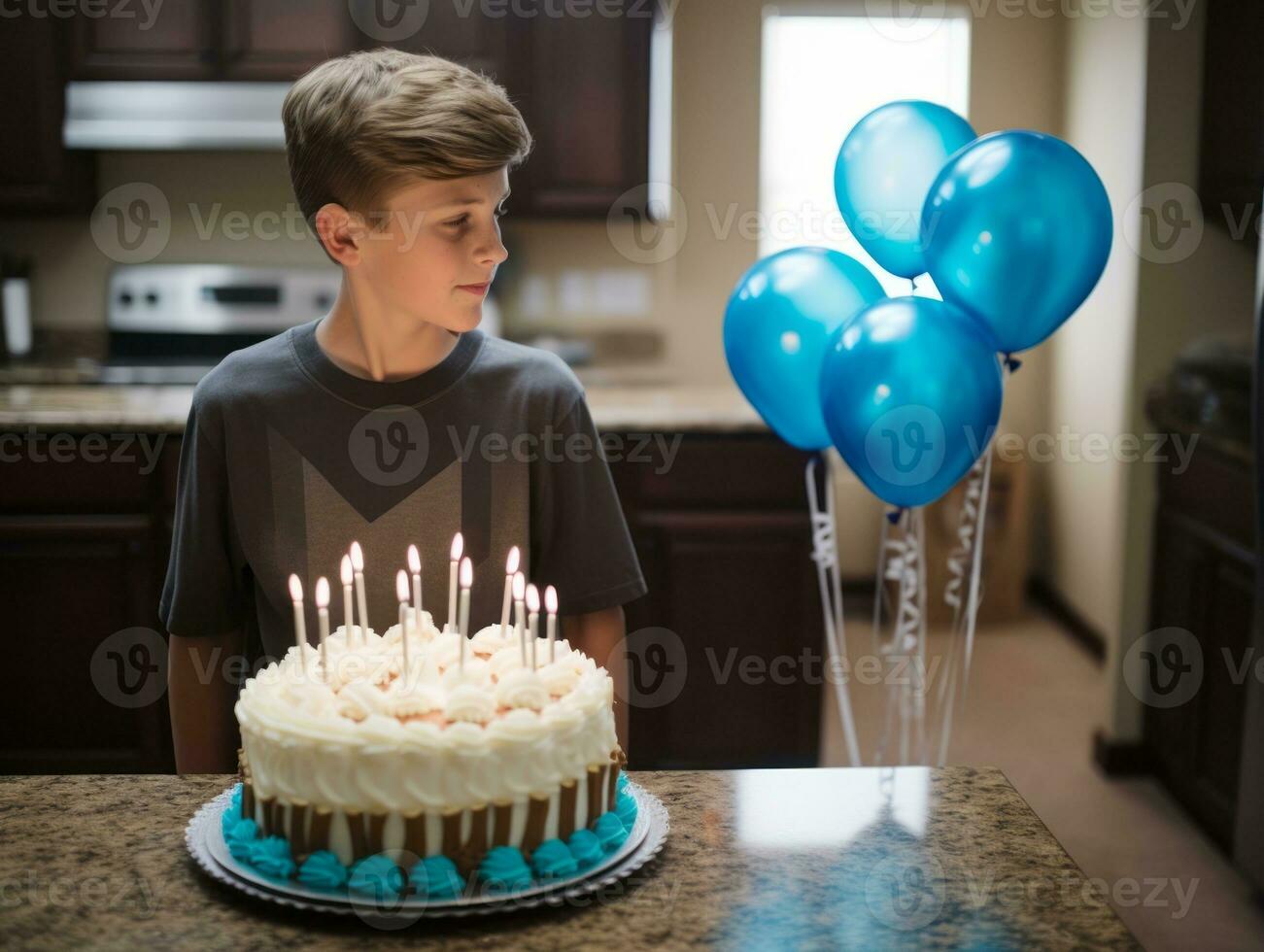 Child blowing out the candles on their birthday cake AI Generative photo