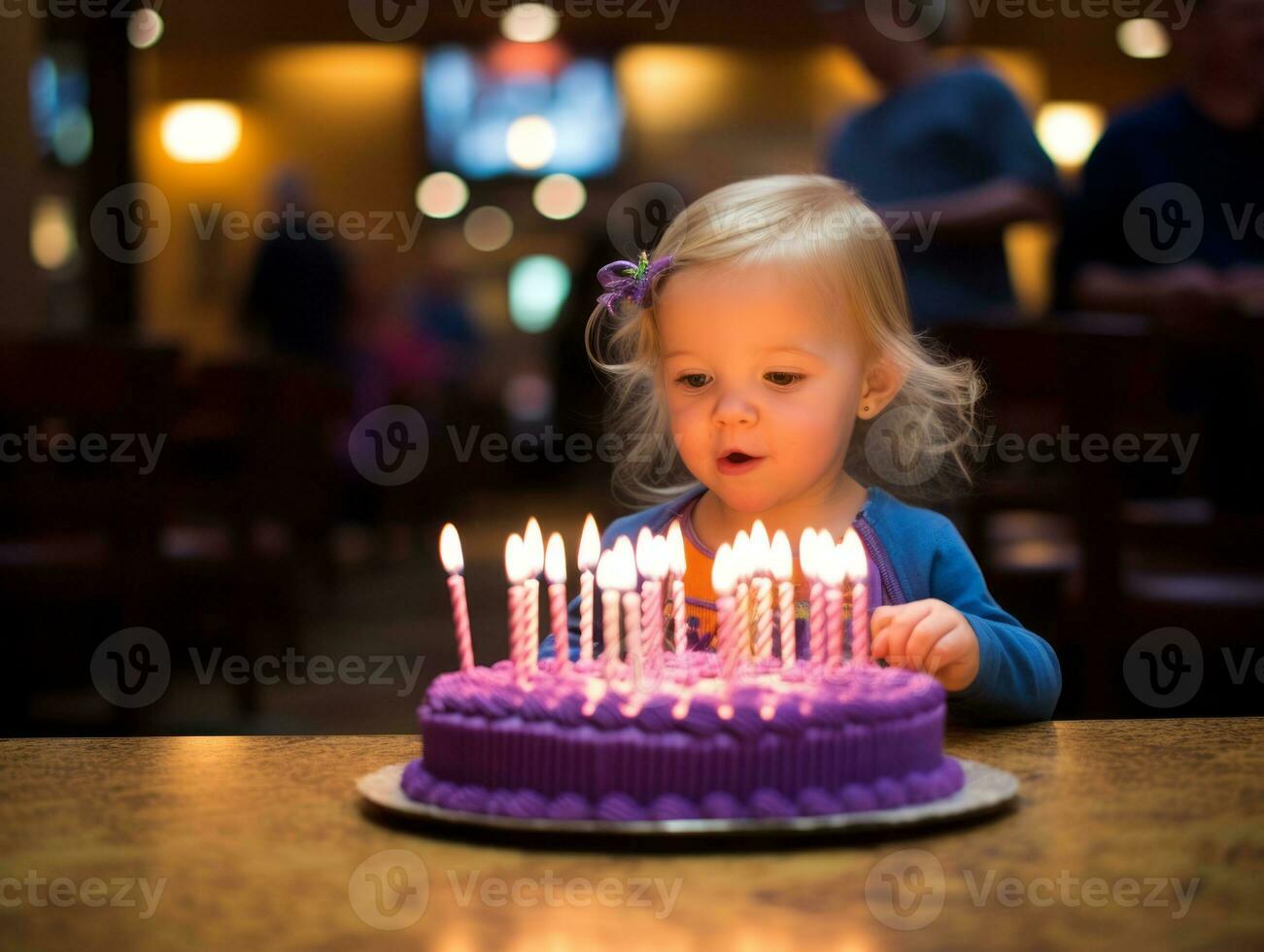 Child blowing out the candles on their birthday cake AI Generative photo