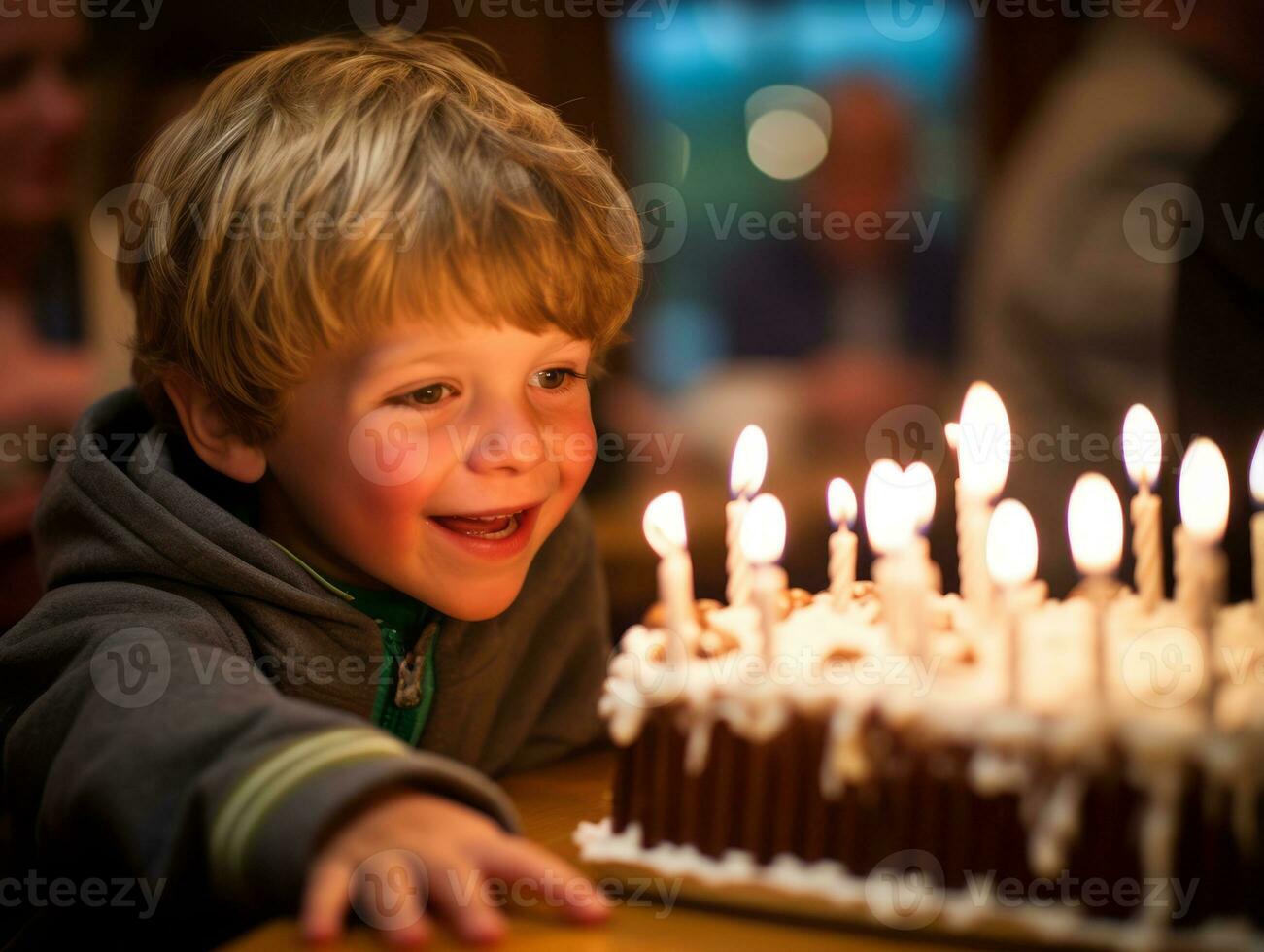 Child blowing out the candles on their birthday cake AI Generative photo