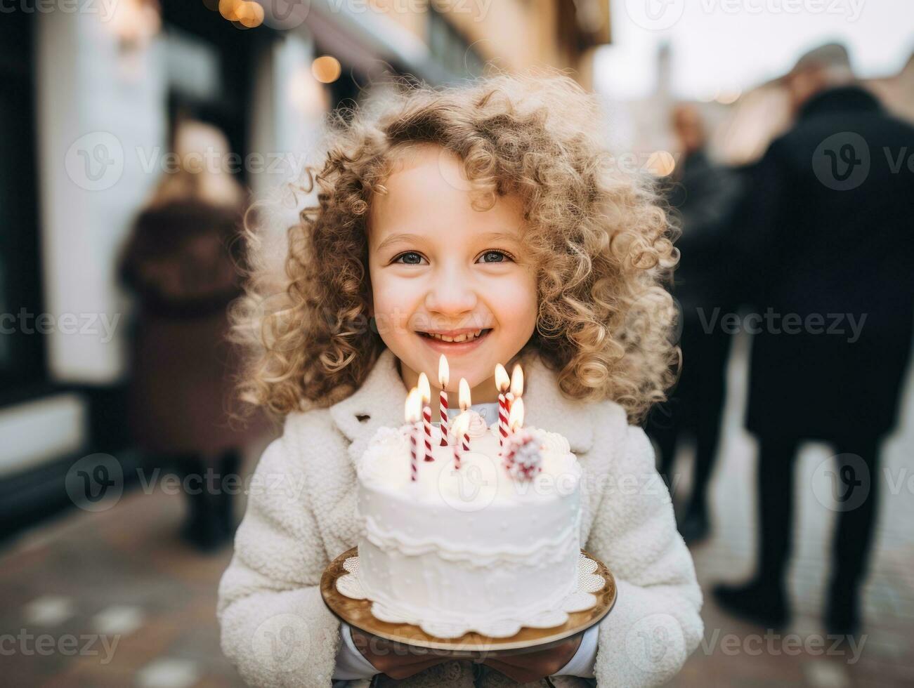 Child blowing out the candles on their birthday cake AI Generative photo