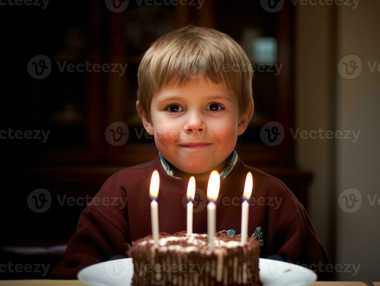 Child blowing out the candles on their birthday cake AI Generative photo