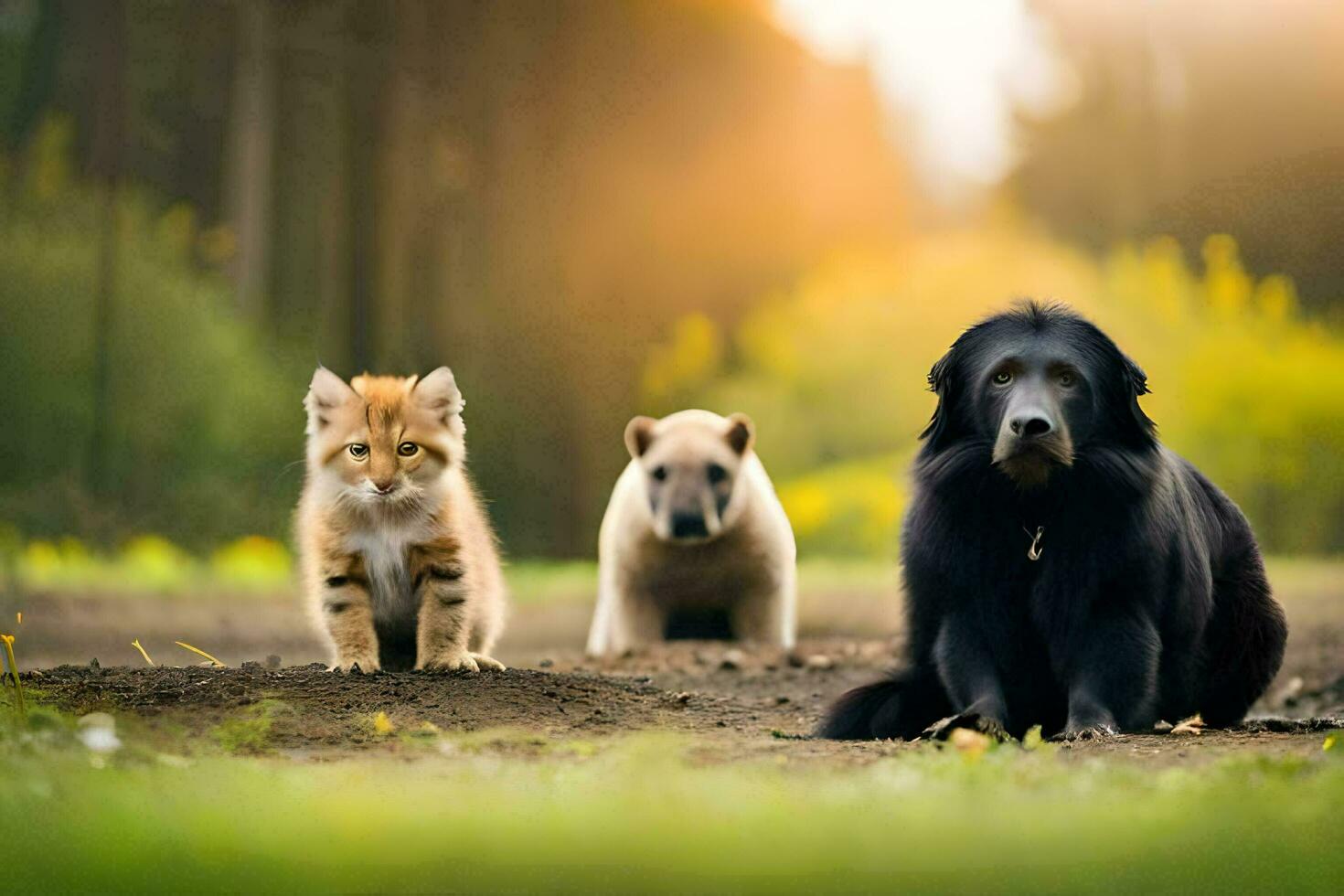 un perro y dos gatos son en pie en el césped. generado por ai foto