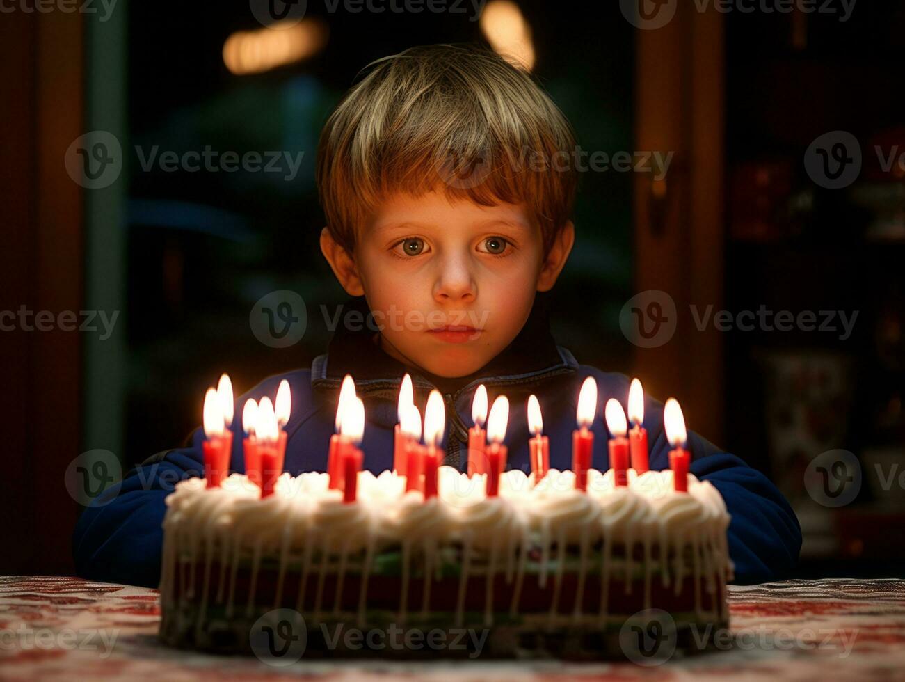 Child blowing out the candles on their birthday cake AI Generative photo