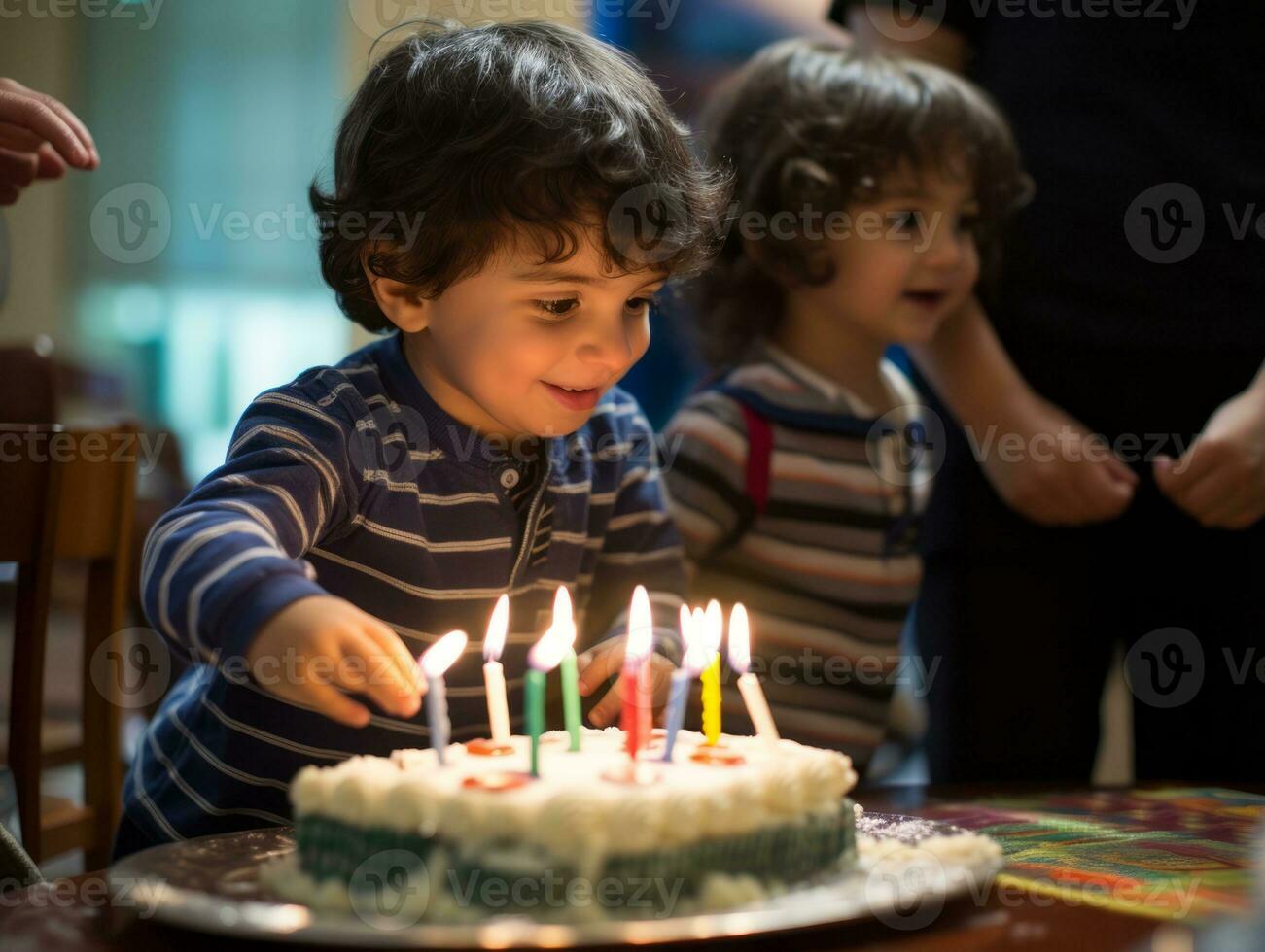 Child blowing out the candles on their birthday cake AI Generative photo