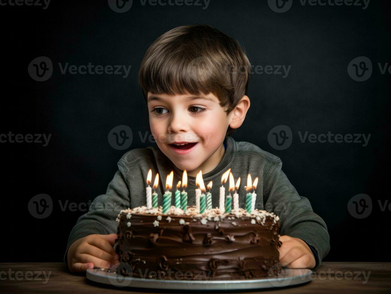 Child blowing out the candles on their birthday cake AI Generative photo