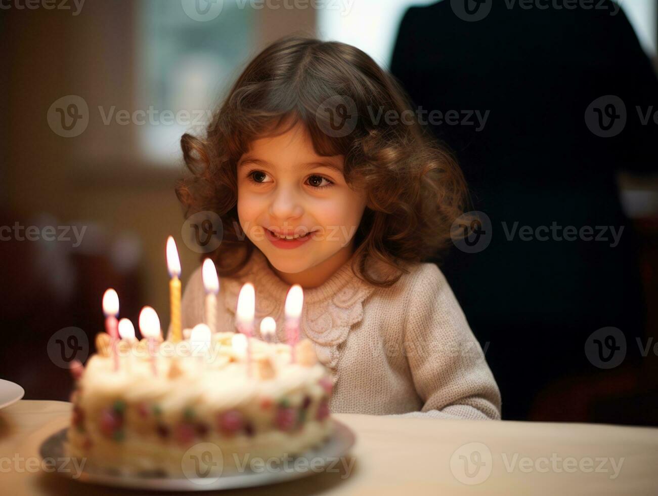Child blowing out the candles on their birthday cake AI Generative photo