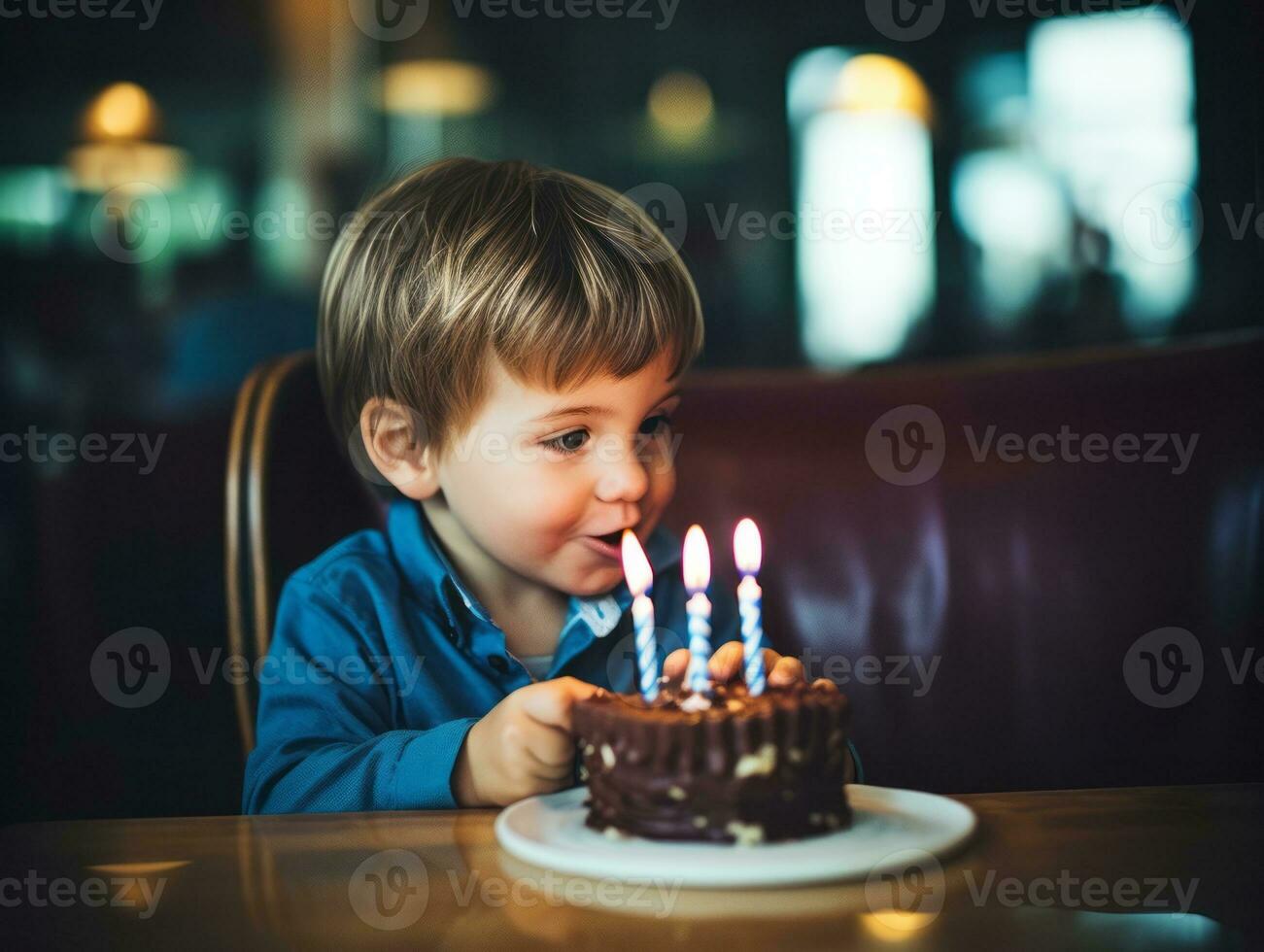 Child blowing out the candles on their birthday cake AI Generative photo
