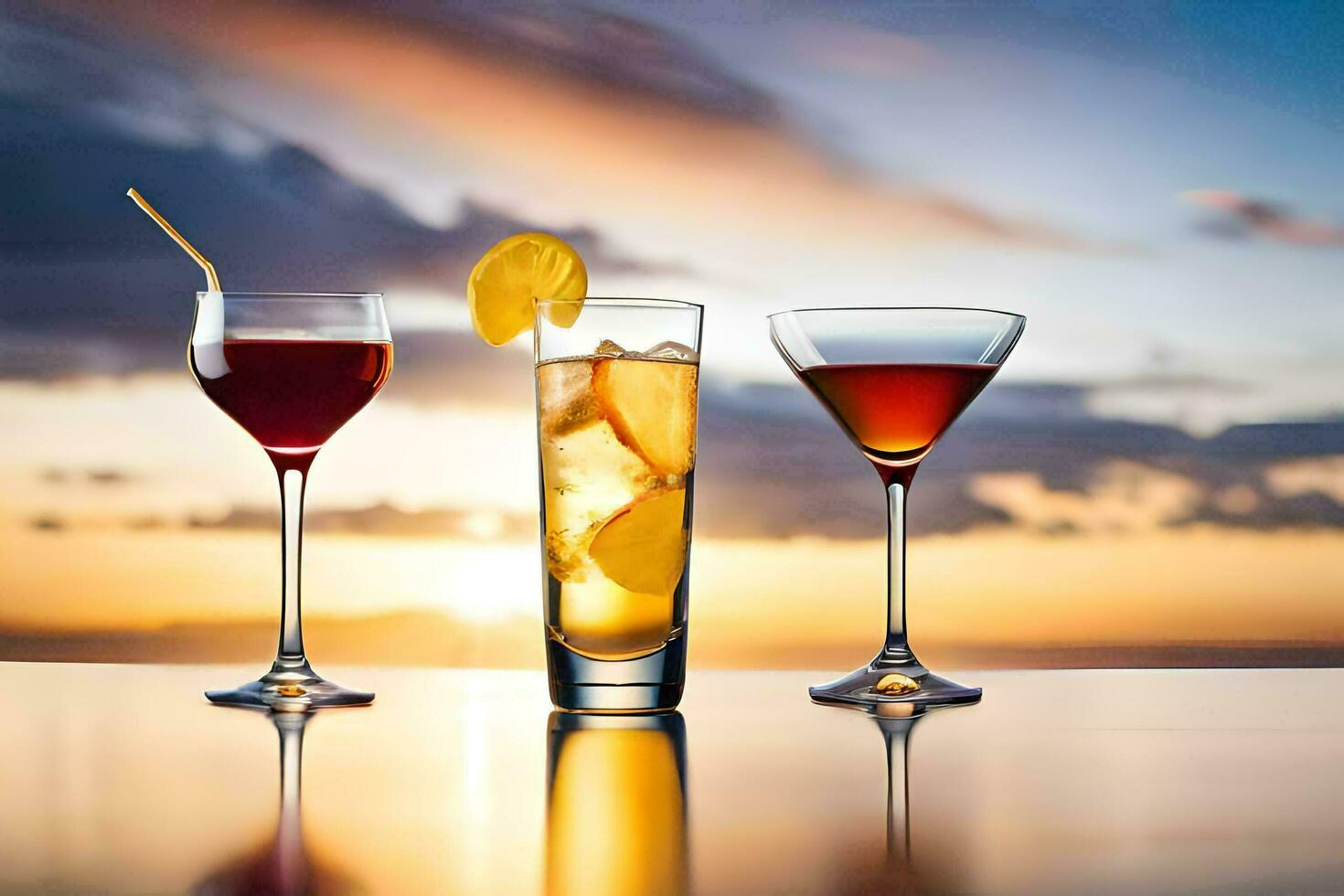 three glasses of alcohol with sunset in the background. AIGenerated
