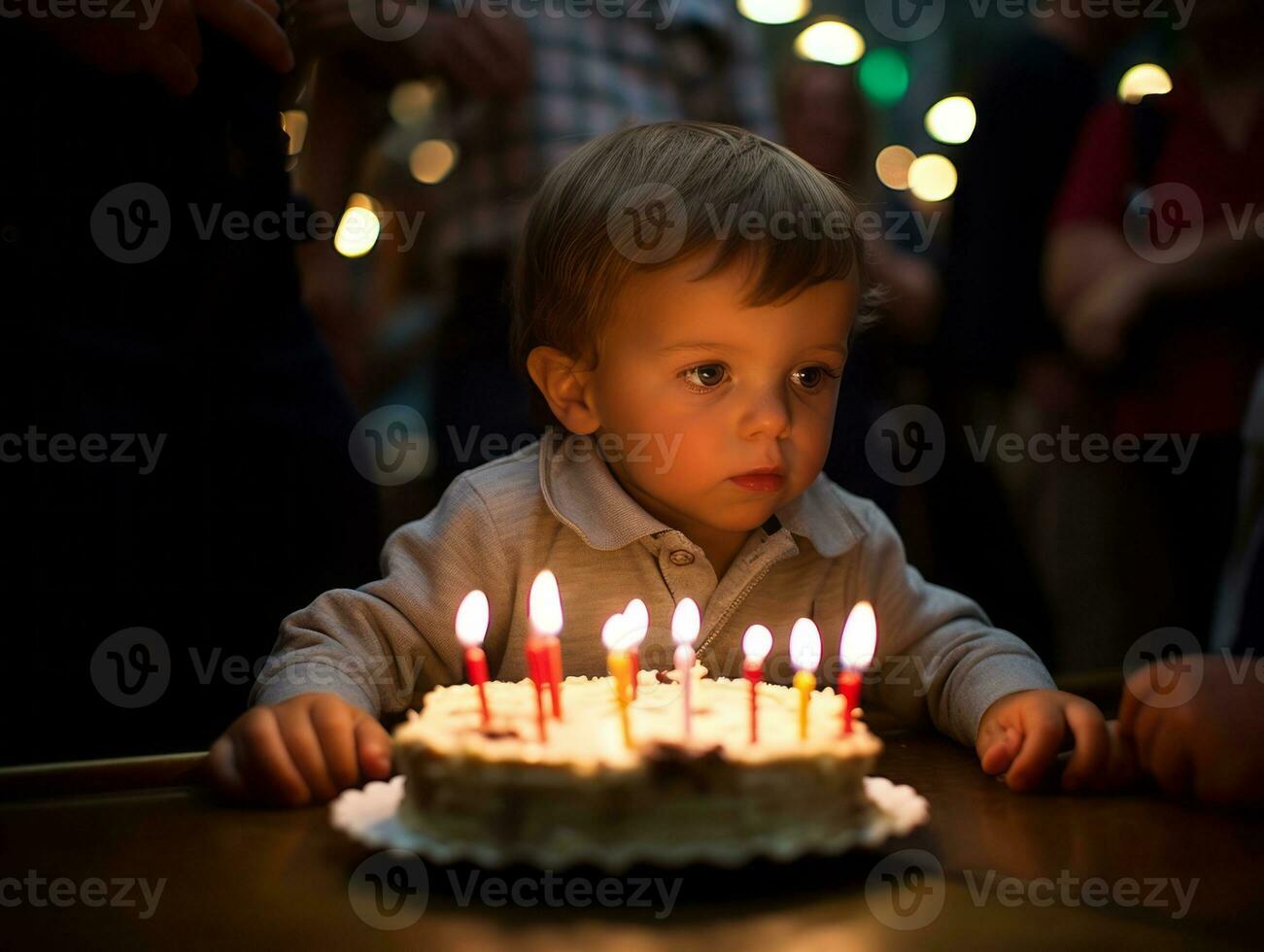 Child blowing out the candles on their birthday cake AI Generative photo