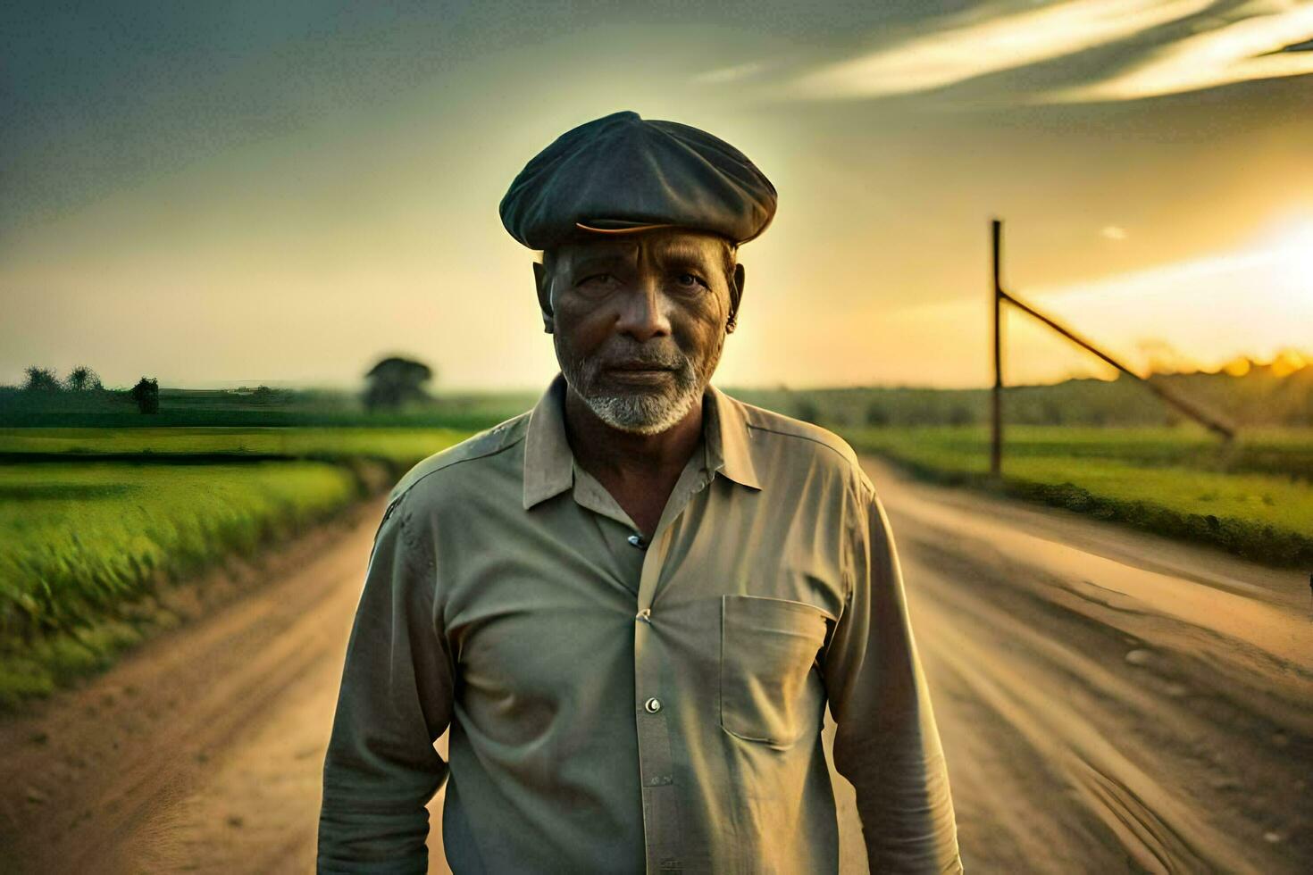 an old man standing on a dirt road with a hat on. AI-Generated photo