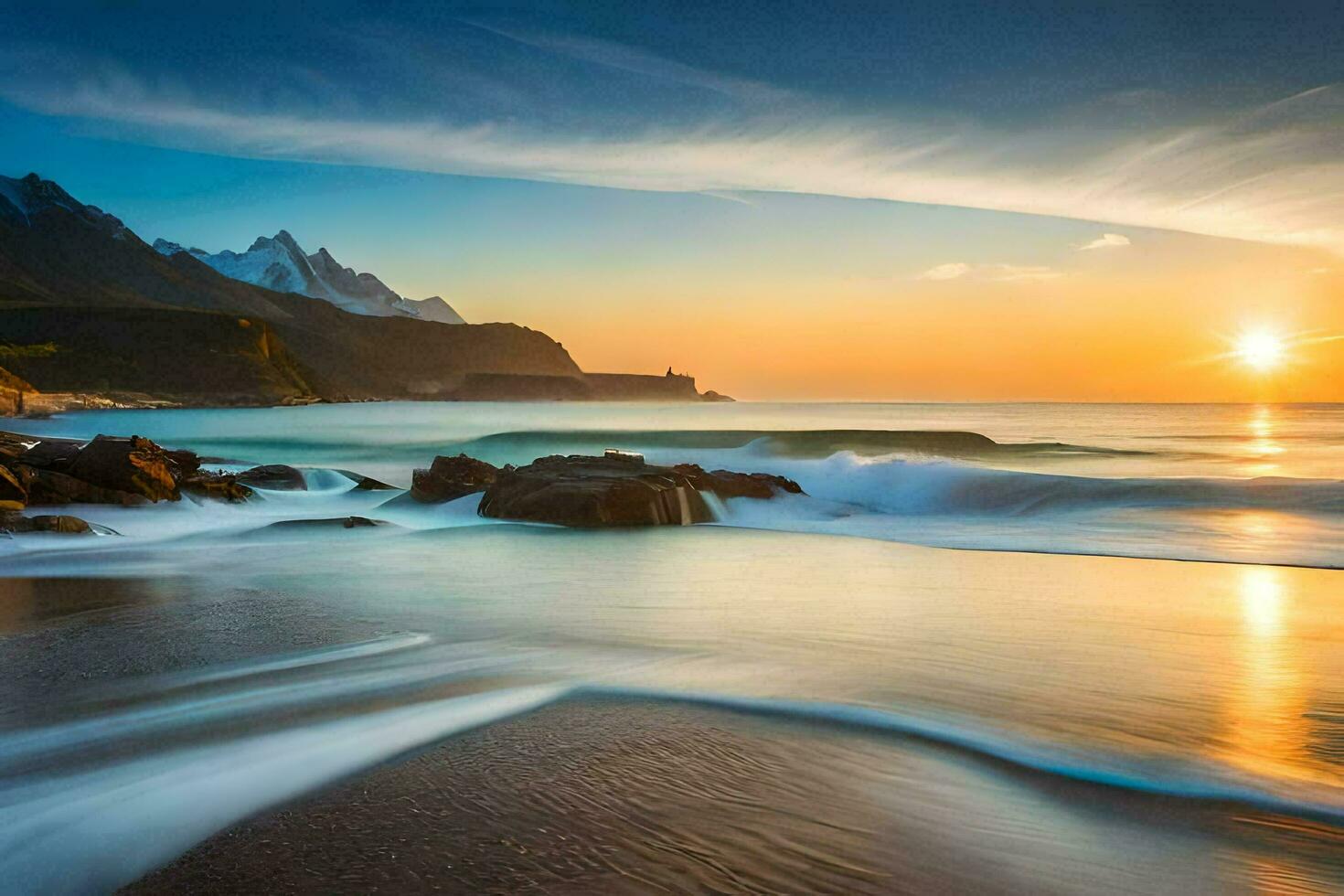 the sun sets over a beach and mountains. AI-Generated photo