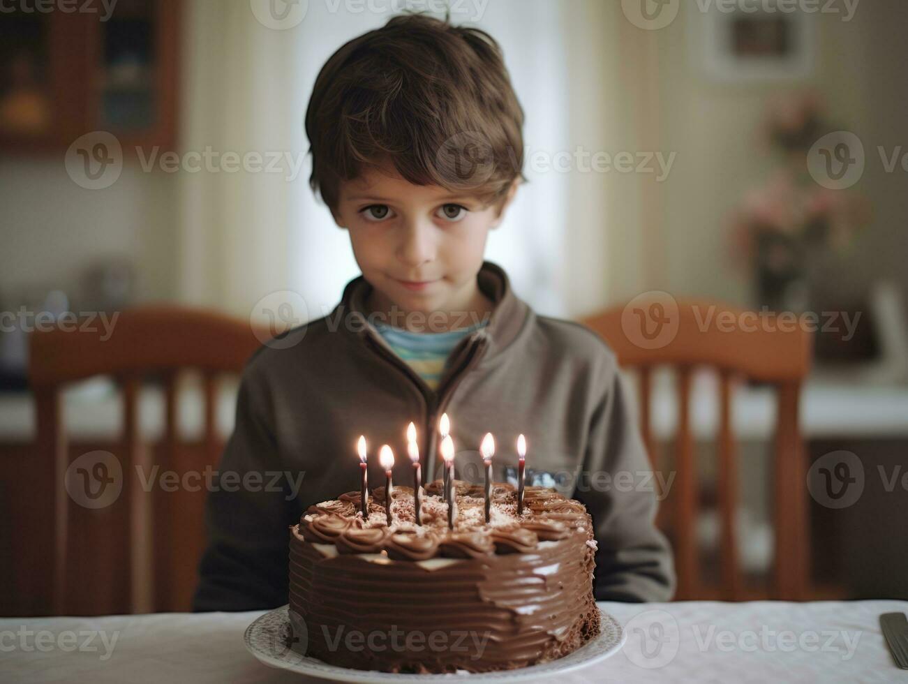 Child blowing out the candles on their birthday cake AI Generative photo