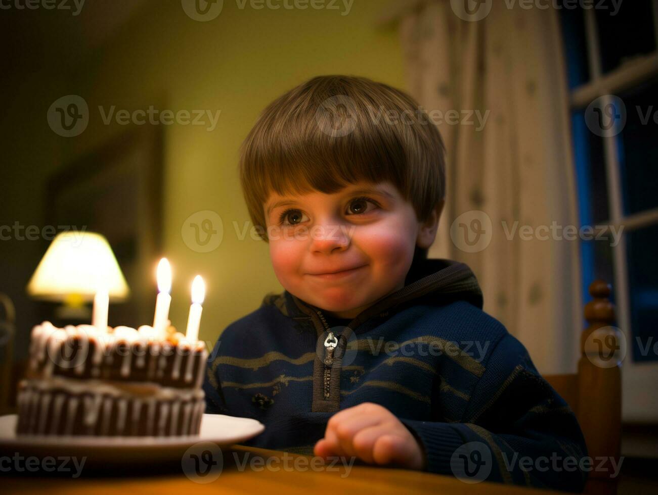 Child blowing out the candles on their birthday cake AI Generative photo